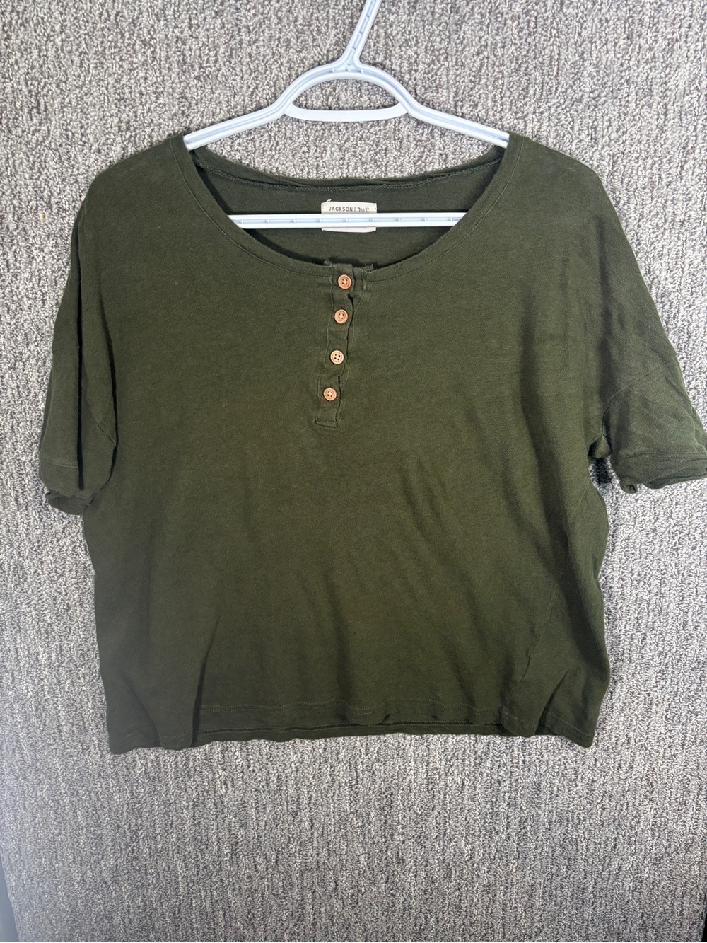 Jackson Rowe Olive Green Short Sleeve Henley Boxy T-shirt Linen Cotton Blend